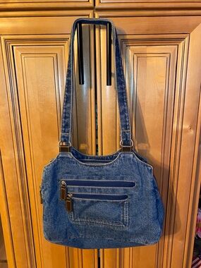 Denim Shoulder Bag with Front Zippers - Blue